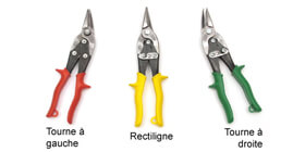 Cisailles à métal - Les couleurs de manches indiquent dans quel sens utiliser la cisaille: le jaune indique que la cisaille coupe de manière rectiligne, le vert indique que la cisaille "tourne vers la droite" et le rouge "tourne vers la gauche". Toujours porter des gants de protection.